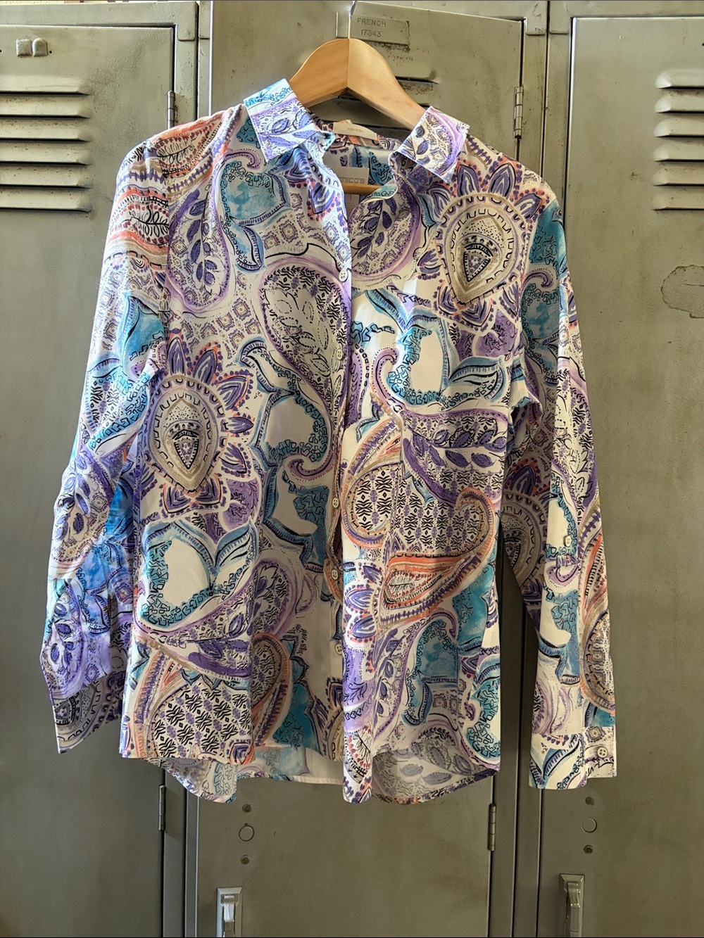 Chico’s Paisley Button-Up Shirt in Purple & Blue